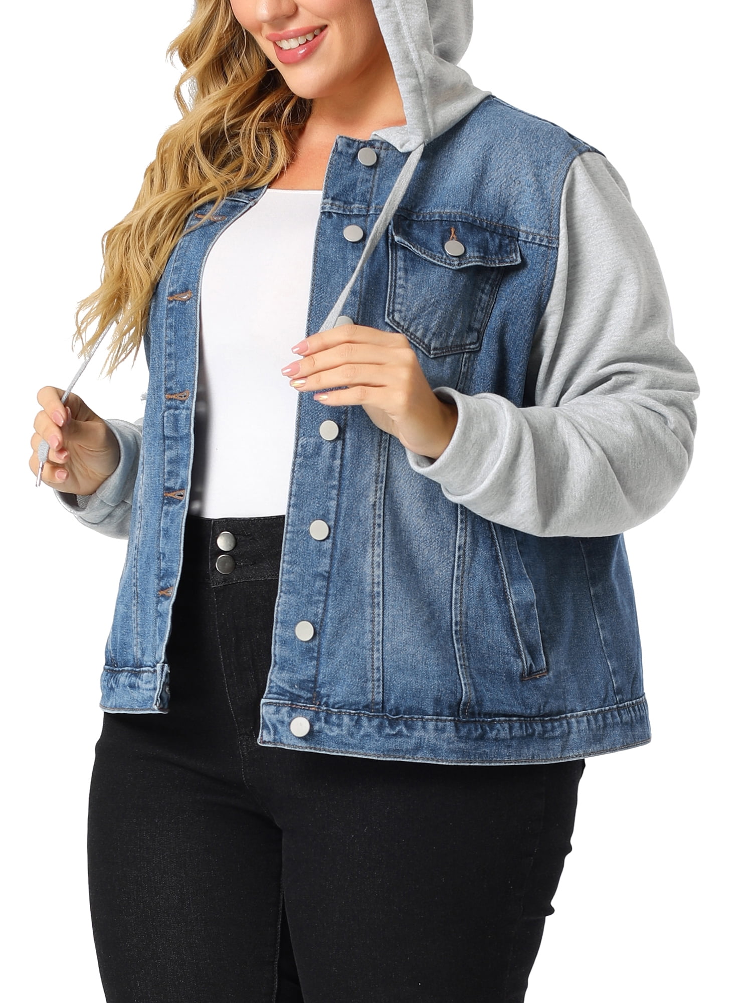 Buy certainPL Women's Layered Drawstring Hood Denim Jacket, Plus Size S-5XL  Slim Fit Jean Jean Jacket Women's Frayed Washed Button Up Cropped Denim  Jacket with 2 Side Pockets at Amazon.in